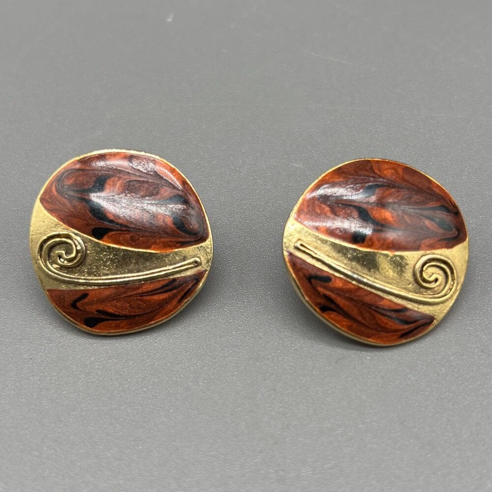 Edgar Berebi Vintage Round Statement Earrings Gold Tone Enamel Swirl Abstract